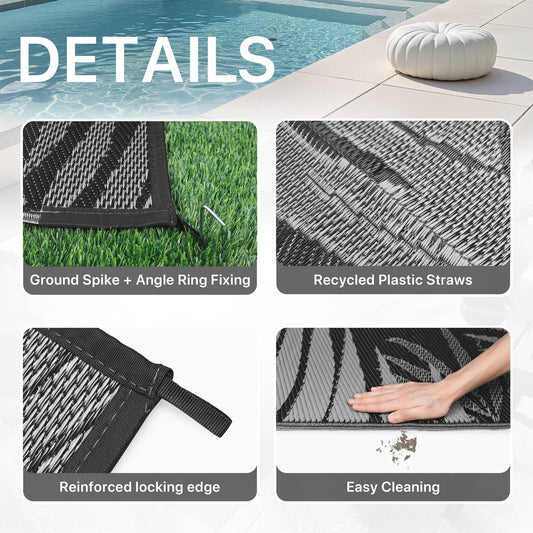 DEORAB 8'x10' Outdoor Rugs Patio Waterproof Outside Mat Reversible Plastic Camping Carpet,Black & Grey