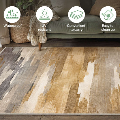 DEORAB 4'X6' Outdoor Rugs Chenille Machine Washable Three-Layer Material Non Slip Imitation Silicone Spot Molding Camping Deck Balcony Porch Carpet, Brown & Beige