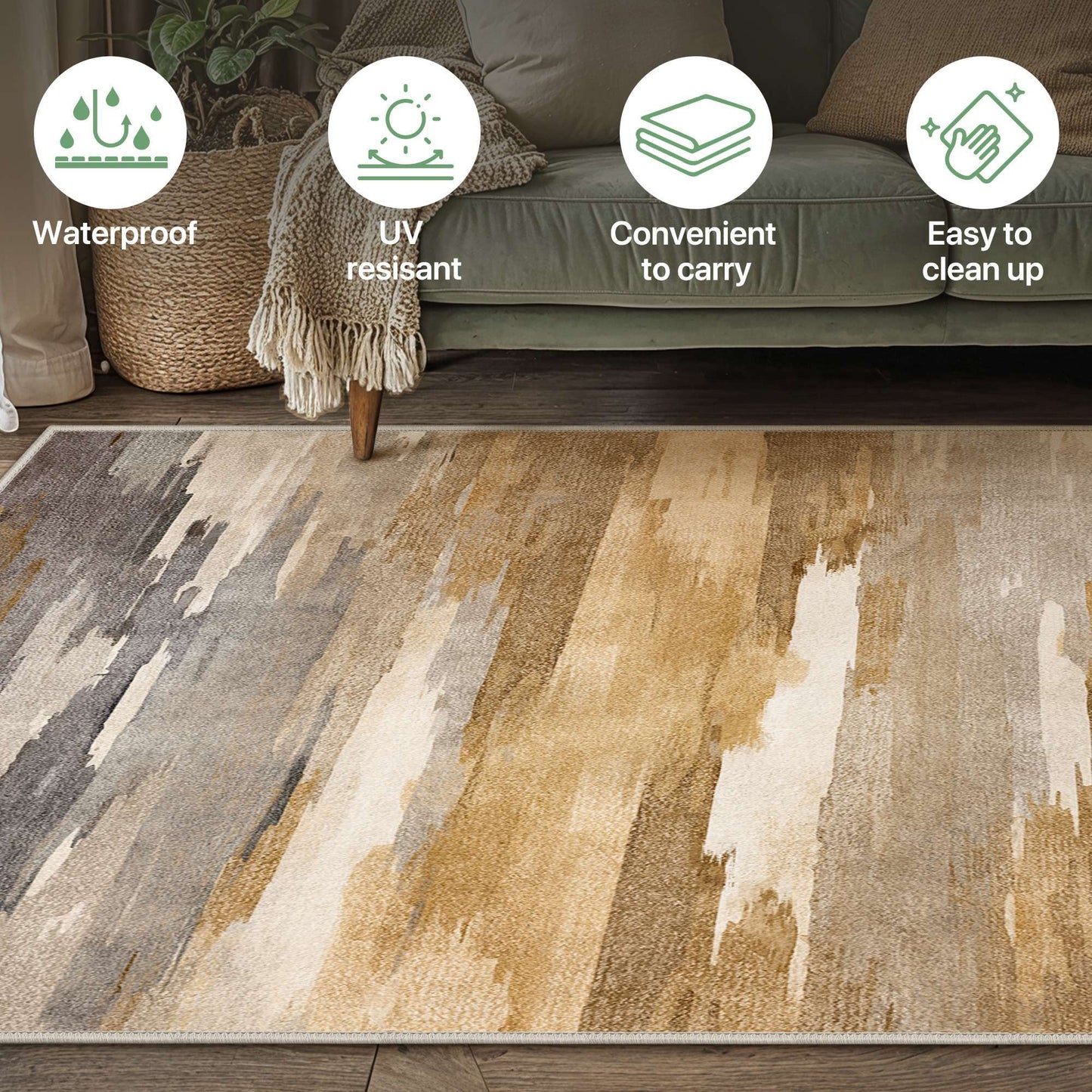 deorab 5'x7' outdoor rugs chenille machine washable three-layer material non slip imitation silicone spot molding camping deck balcony porch carpet, brown & beige