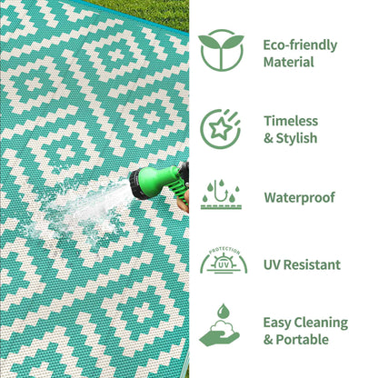 DEORAB Outdoor Rugs Waterproof Plastic Straw Mat 6'x9' Reversible for RV Patio Deck Beach Lake Green & Beige White