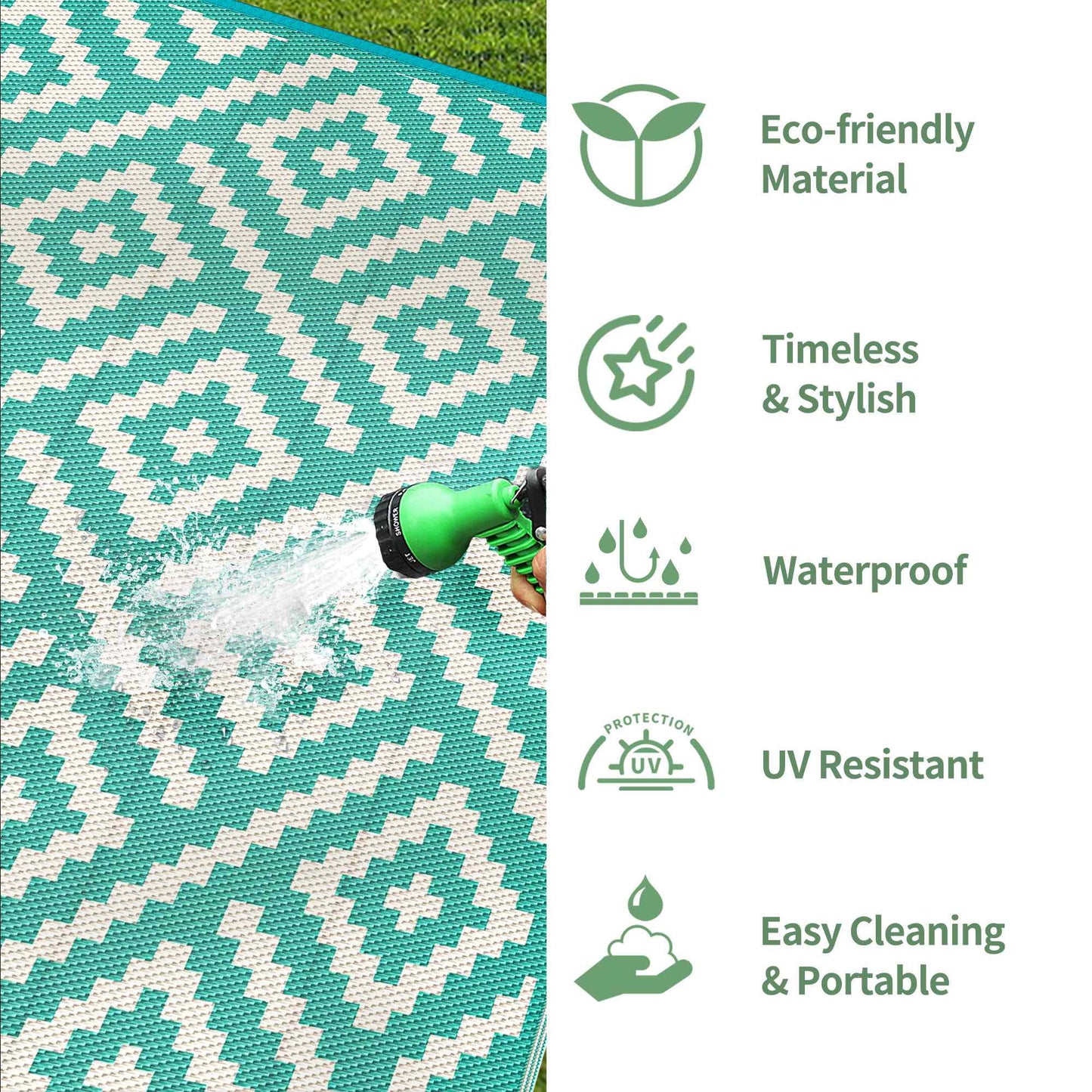 deorab 5'x8' outdoor patio clearance waterproof rug reversible plastic camping mat,lake green & beige white