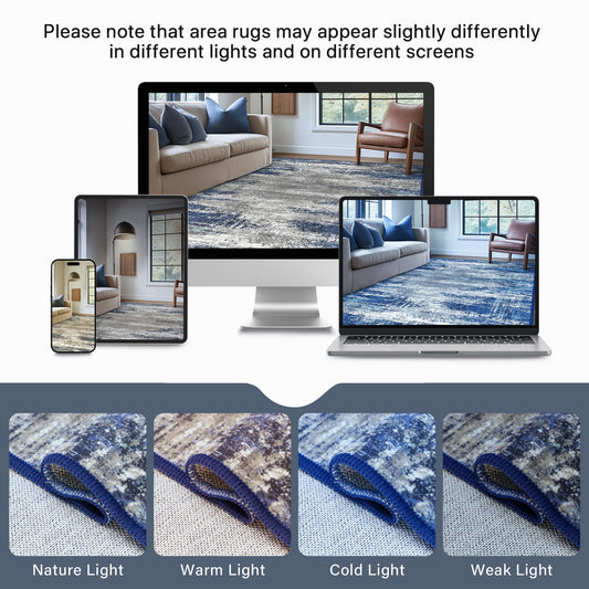 DEORAB 5X7 Area Rugs for Living Room, Large Modern Machine Washable Vintage Rugs Distressed Abstract Print Blue Throw Rug for Bedroom Aesthetic, Non Slip Ultra-thin Carpet with Gripper