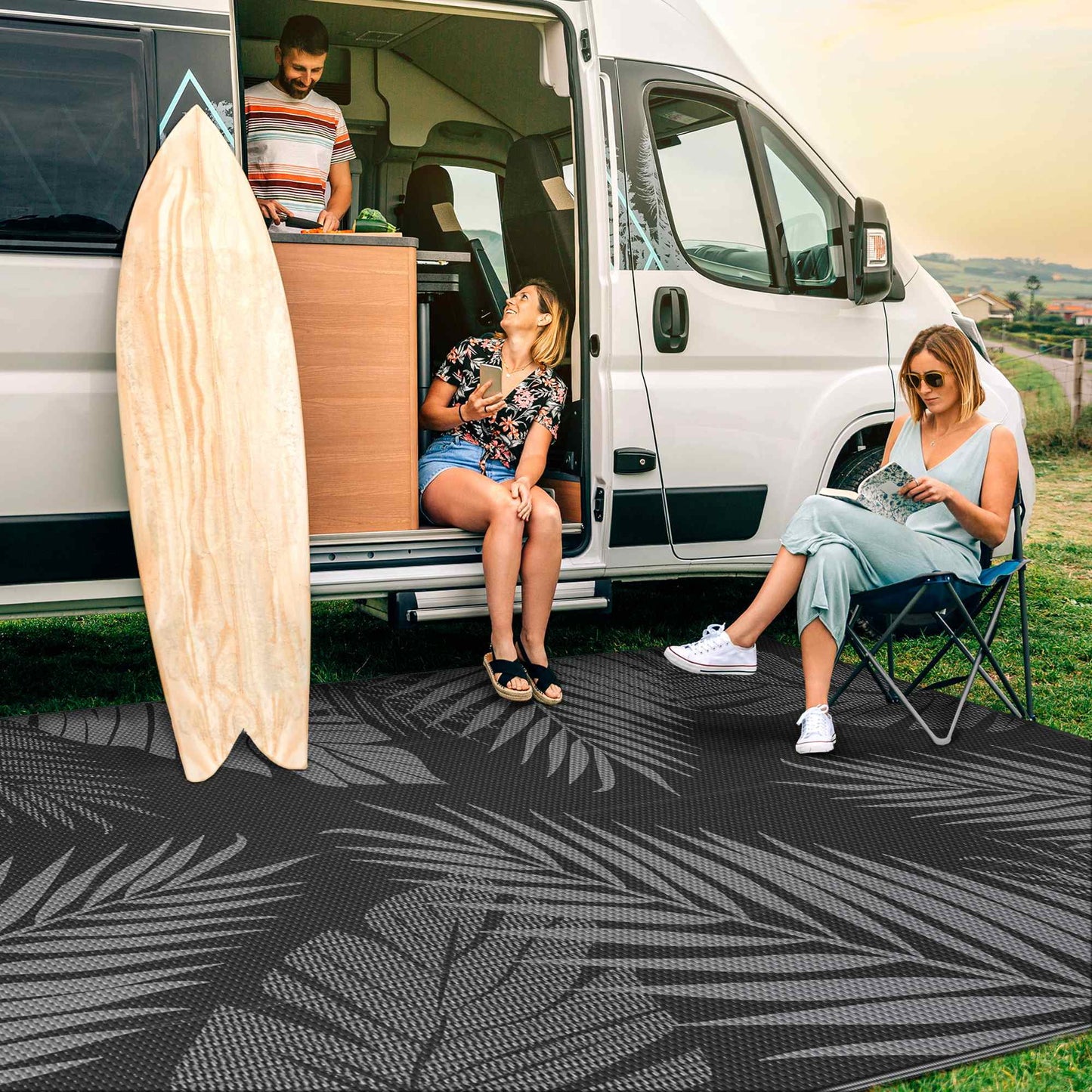 deorab 5'x8' outdoor rugs patio waterproof outside mat reversible plastic camping carpet,black & grey