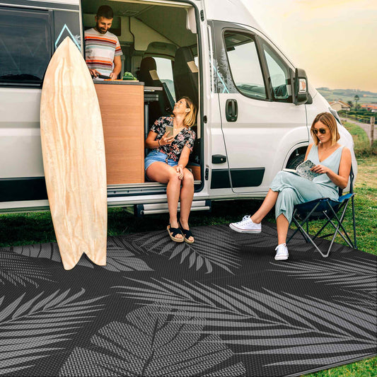 DEORAB 5'x8' Outdoor Rugs Patio Waterproof Outside Mat Reversible Plastic Camping Carpet,Black & Grey