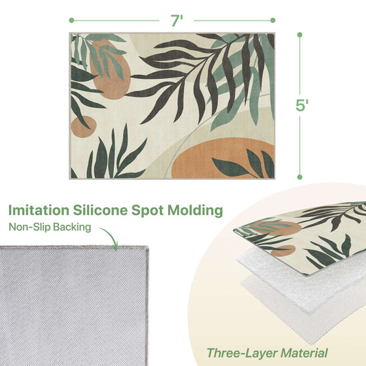 DEORAB Outdoor Rug 5'X7' Chenille Patio Carpet Three-Layer Material Imitation Silicone Spot Molding Camping Outside RV Mat,Beige&Green