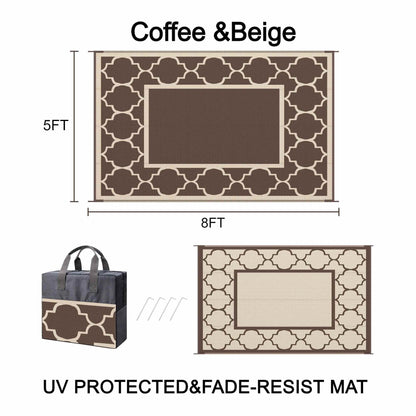 DEORAB Outdoor Rugs Waterproof Plastic Straw Mat 5'x8' Reversible for RV Patio Deck Beach Coffee & Beige