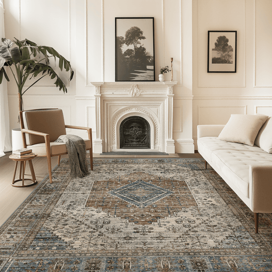 DEORAB 8X10 Area Rugs for Living Room, Non Slip Indoor Vogue Area Rugs, Low Pile Lightweight Vintage Large Print Mat for Bedroom Dining Room Home Office and Hall, Ultra-Thin, Blue Gray