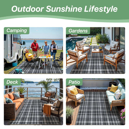 DEORAB Outdoor Rugs 8'X10' Chenille Patio Rug Three-Layer Material Imitation Silicone Spot Molding Camping Outside Rv Mat,Black