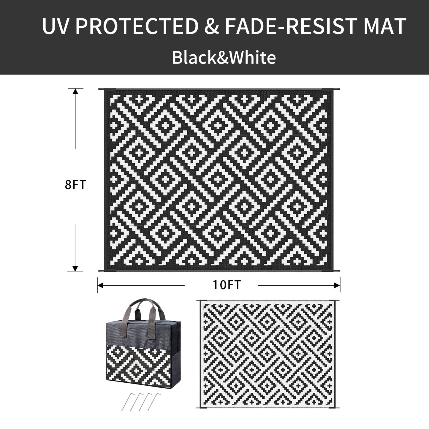 deorab outdoor rugs waterproof plastic straw mat 8'x10' reversible for rv patio deck beach black & white