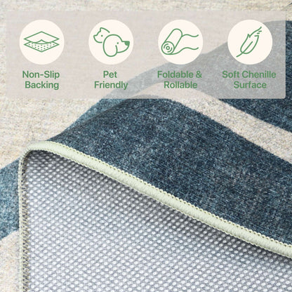 DEORAB Outdoor Rug 9'X12' Chenille Patio Carpet Three-Layer Material Imitation Silicone Spot Molding Camping Outside RV Mat,Blue&Grey