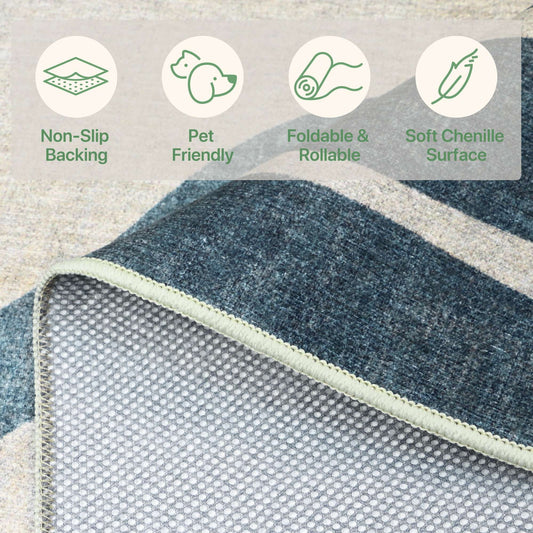 DEORAB Outdoor Rug 5'X7' Chenille Patio Carpet Three-Layer Material Imitation Silicone Spot Molding Camping Outside RV Mat,Blue&Grey