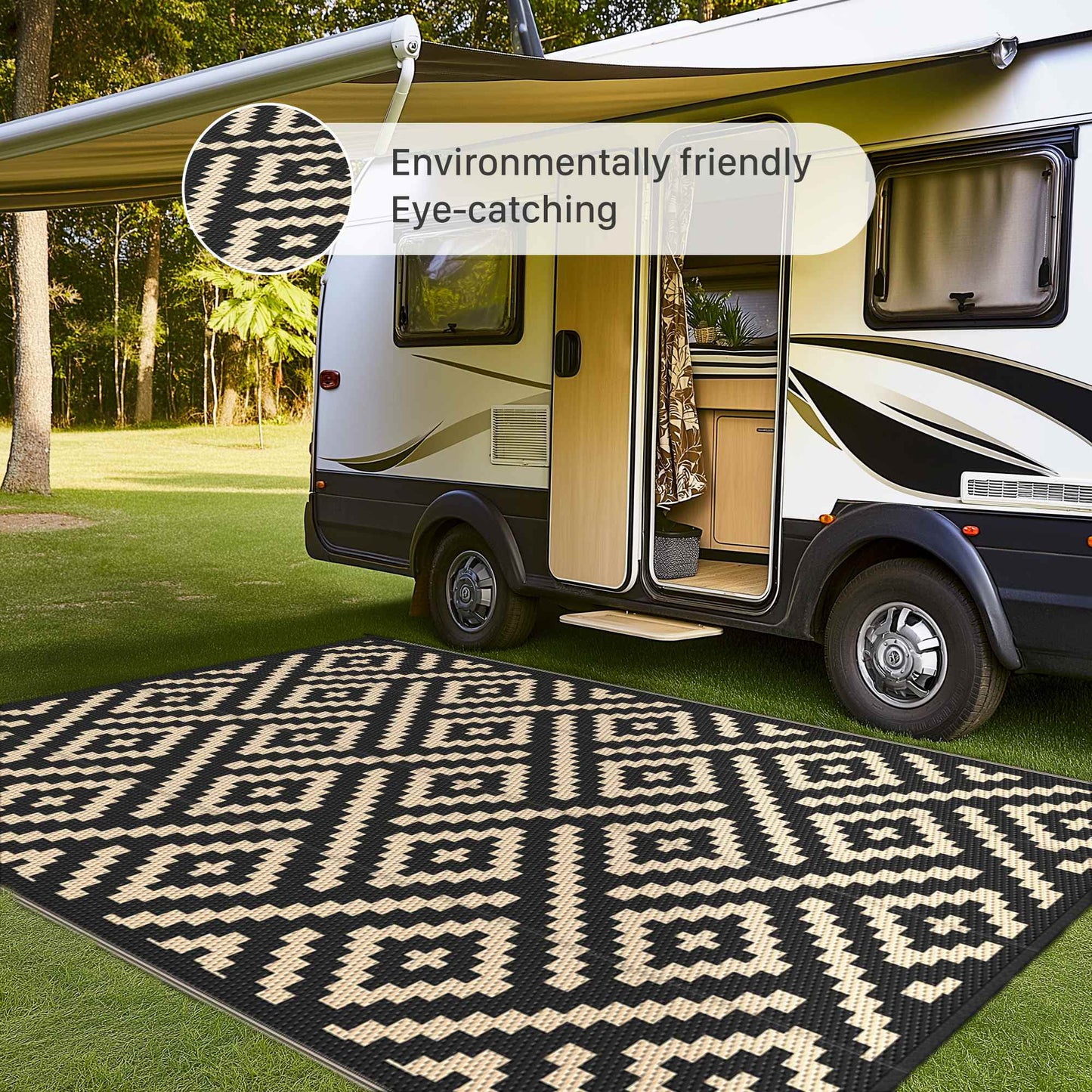 deorab outdoor rugs waterproof plastic straw mat 10'x14' reversible for rv patio deck beach black & white