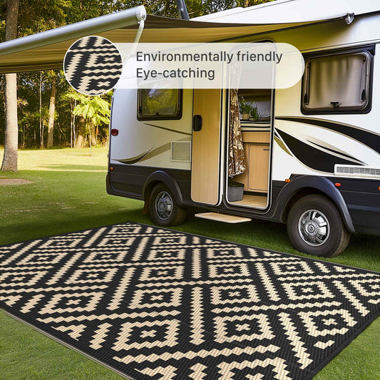DEORAB Outdoor Rug Patio Clearance,6'x9' Waterproof Mat,Reversible Plastic Camping Black & Beige