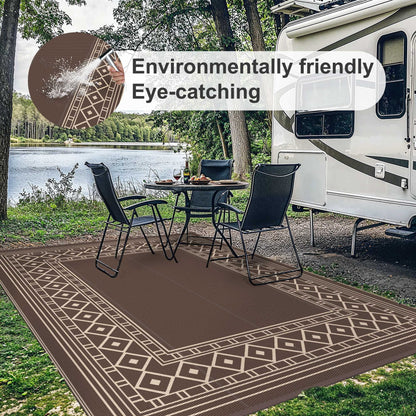 DEORAB 8'x10' Outdoor Rugs Patio Waterproof Outside Mat Reversible Plastic Camping Carpet,Coffee & Brown