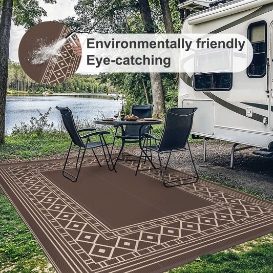 DEORAB 8'x10' Outdoor Rugs Patio Waterproof Outside Mat Reversible Plastic Camping Carpet,Coffee & Brown