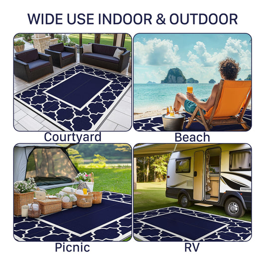 DEORAB Outdoor Rugs Waterproof Plastic Straw Mat 10'x14' Reversible for RV Patio Deck Beach Blue & White