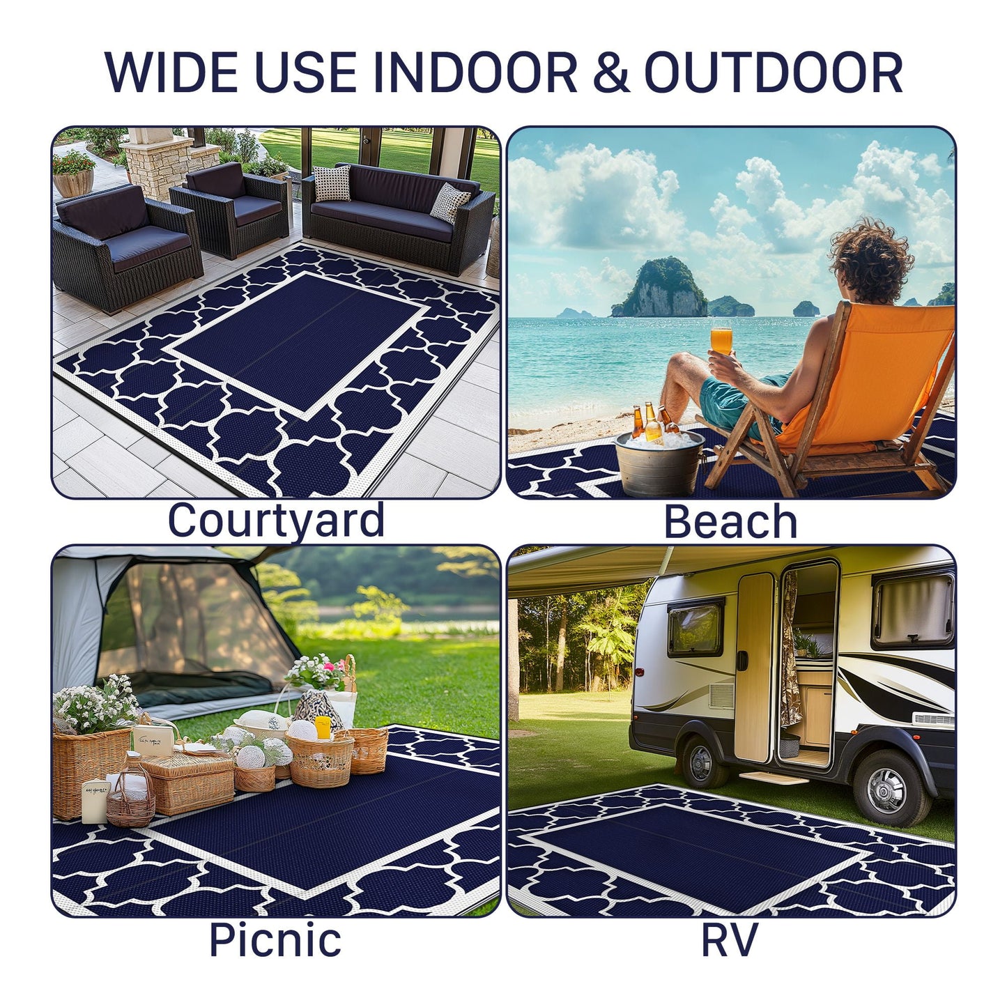 deorab outdoor rugs waterproof plastic straw mat 5'x8' reversible rv patio deck beach blue & white
