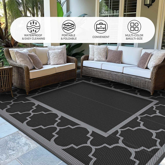 DEORAB Outdoor Rugs Waterproof Plastic Straw Mat 8'x10' Reversible for RV Patio Deck Beach Black & Gray