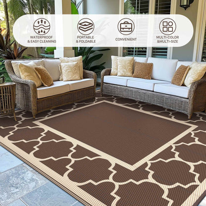 DEORAB Outdoor Rugs Waterproof Plastic Straw Mat 6'x9' Reversible for RV Patio Deck Beach Coffee & Beige