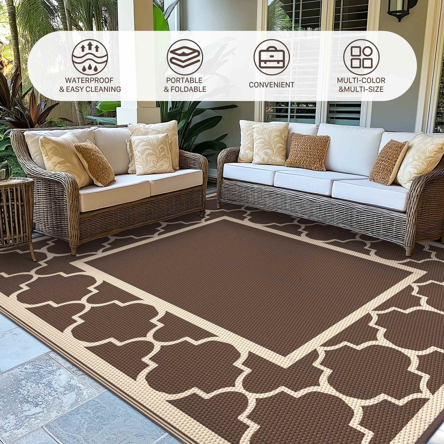 deorab outdoor rugs waterproof plastic straw mat 9'x12' reversible for rv patio deck beach coffee & beige