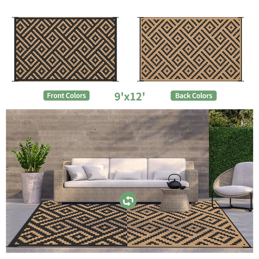 DEORAB Outdoor Rugs Waterproof Plastic Straw Mat 9'x12' Reversible for RV Patio Deck Beach Black & Brown