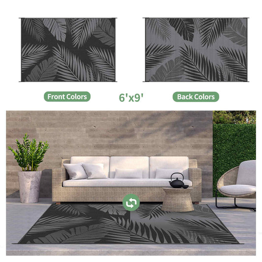 DEORAB 6'x9' Outdoor Rugs Patio Waterproof Outside Mat Reversible Plastic Camping Carpet,Black & Grey