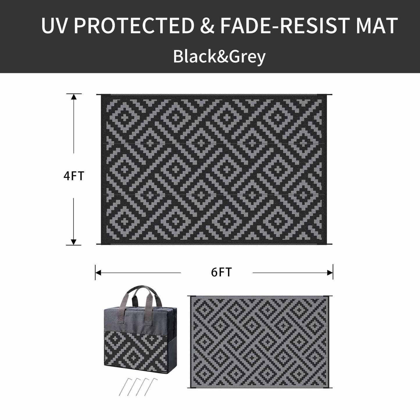 deorab outdoor rugs waterproof plastic straw mat 4'x6' reversible for rv patio deck beach black & gray