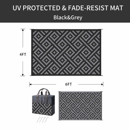 DEORAB Outdoor Rugs Waterproof Plastic Straw Mat 4'x6' Reversible for RV Patio Deck Beach Black & Gray