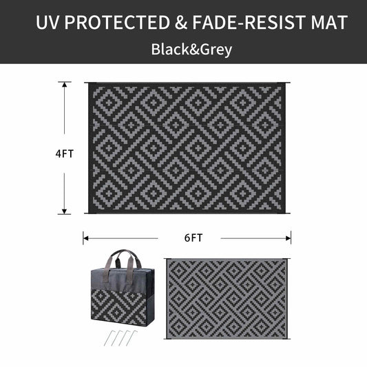 DEORAB Outdoor Rugs Waterproof Plastic Straw Mat 4'x6' Reversible for RV Patio Deck Beach Black & Gray