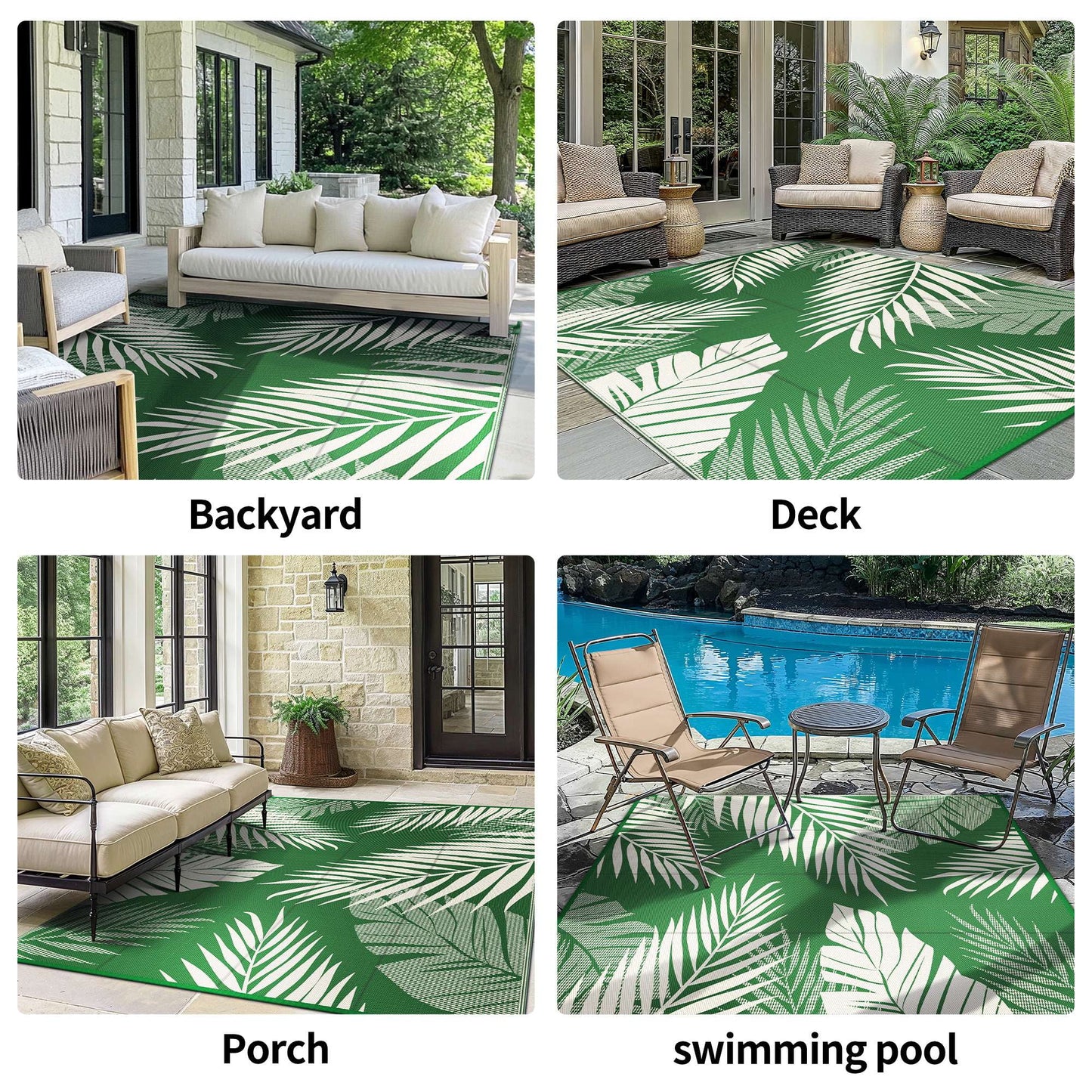 deorab 9'x12' outdoor rugs waterproof patio lightweight reversible plastic carpet outside camping mat,darkgreen