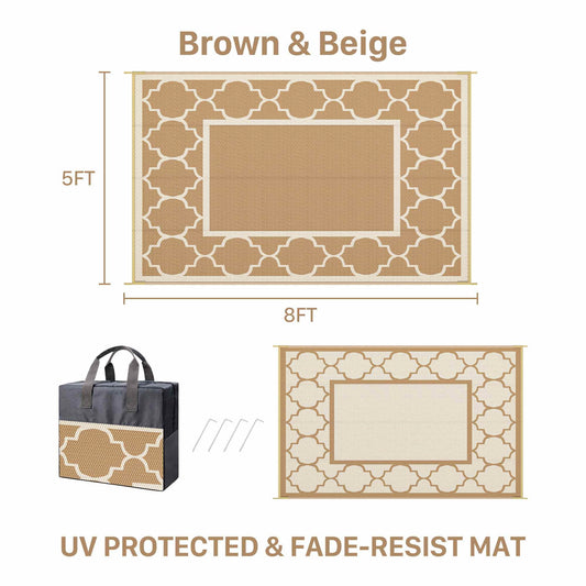 DEORAB Outdoor Rugs Waterproof Plastic Straw Mat 5'x8' Reversible for RV Patio Deck Beach Brown & Beige