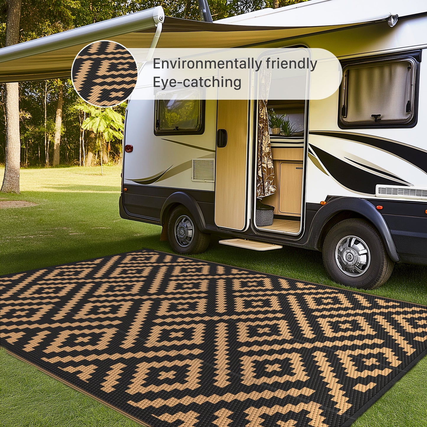 deorab outdoor rugs waterproof plastic straw mat 6'x9' reversible for rv patio deck beach black & brown