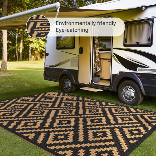 DEORAB Outdoor Rugs Waterproof Plastic Straw Mat 6'x9' Reversible for RV Patio Deck Beach Black & Brown