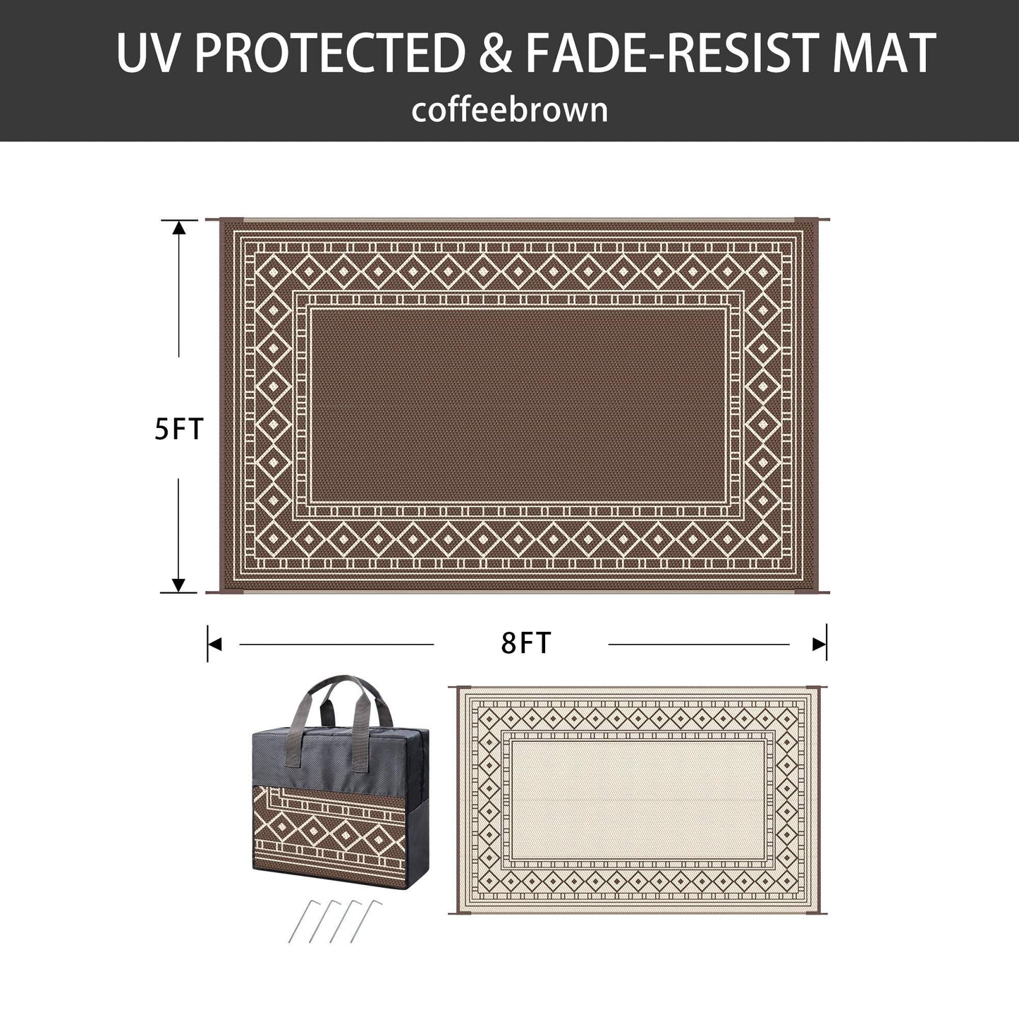 deorab 5'x8' outdoor rugs waterproof patio reversible plastic carpet camping outside mat,coffee & brown