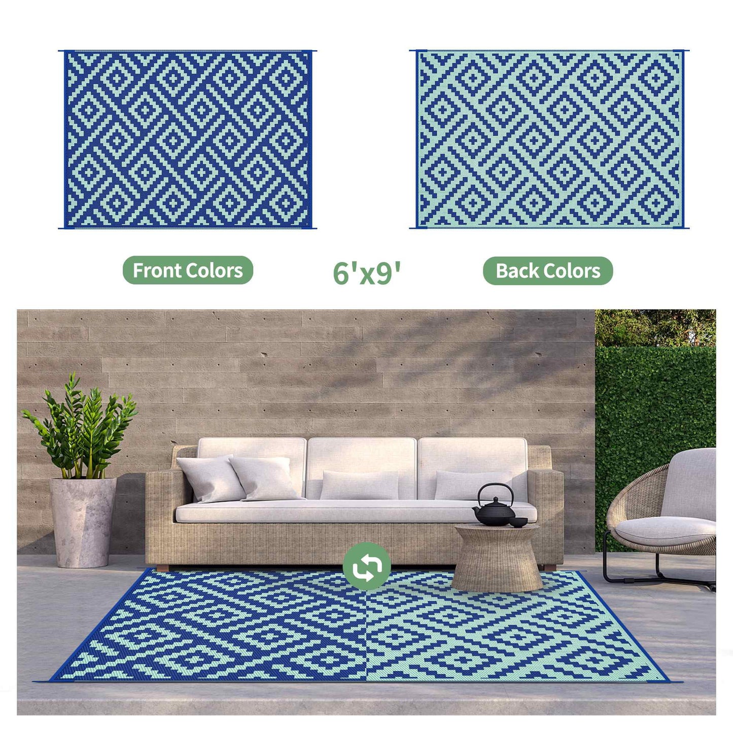 deorab 5'x8'outdoor patio clearance waterproof rug outside reversible plastic camping mat,royal blue & blue green