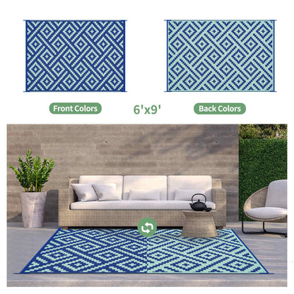 DEORAB 5'x8'Outdoor Patio Clearance Waterproof Rug Outside Reversible Plastic Camping Mat,Royal Blue & Blue Green