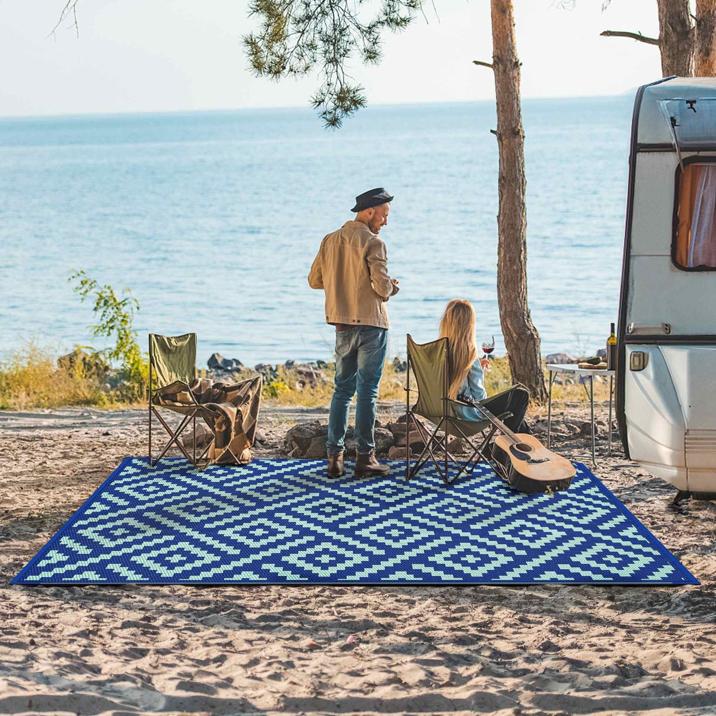 deorab outdoor rug patio clearance,9'x12' waterproof mat,reversible plastic camping,royal blue & blue green