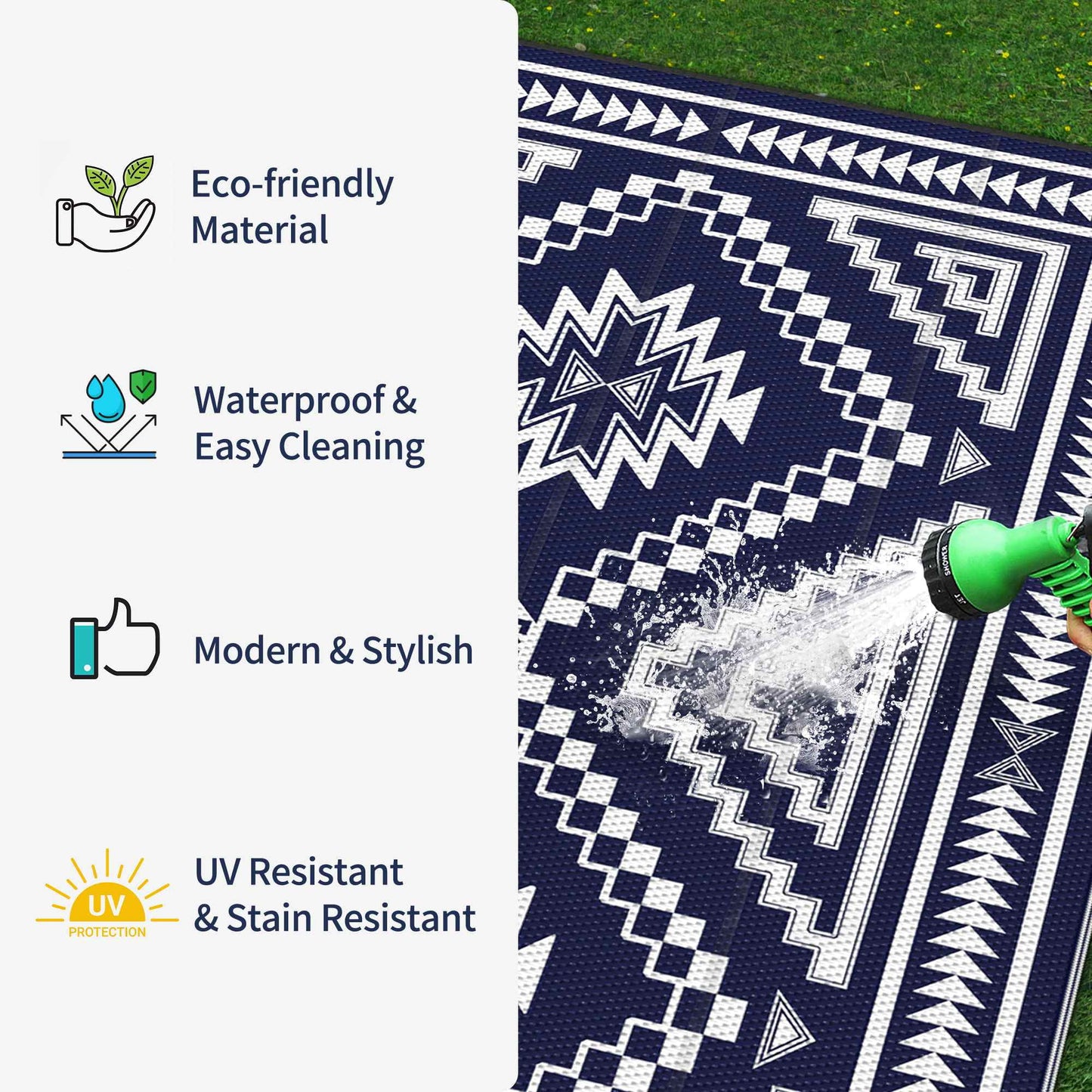 deorab outdoor rug for patio 6'x9' waterproof mat,reversible plastic camping blue & white