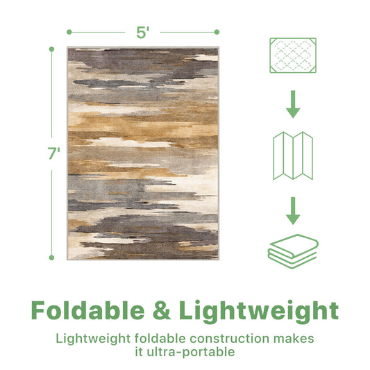 DEORAB 5'X7' Outdoor Rugs Chenille Machine Washable Three-Layer Material Non Slip Imitation Silicone Spot Molding Camping Deck Balcony Porch Carpet, Brown & Beige