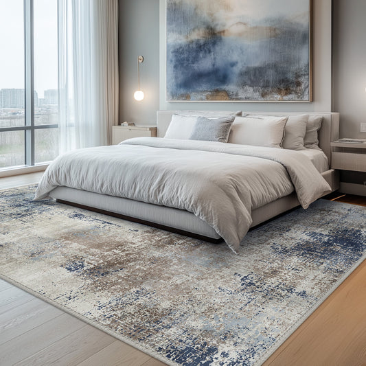DEORAB 3X5 Area Rugs for Living Room, Large Modern Machine Washable Vintage Rugs Distressed Abstract Print Blue Throw Rug for Bedroom Aesthetic, Non Slip Ultra-thin Carpet with Gripper